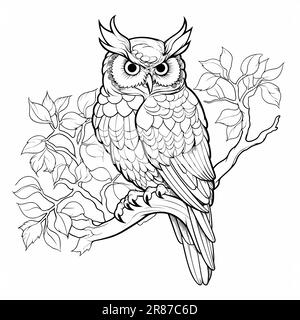 Un hibou assis sur une branche, livre de coloriage imprimable dessin vectoriel de ligne de page, isolé sur un fond blanc. Illustration de Vecteur