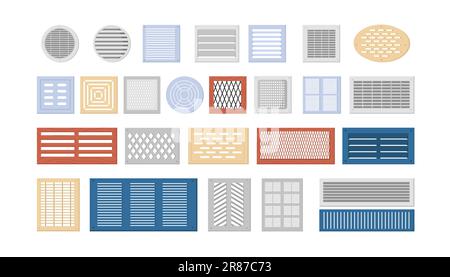 Illustration vectorielle de l'ensemble des volets de ventilation. Dessin animé isolé métal et plastique trou de treillis, couvre-vent intérieur de formes et types différents avec lucarne et grille pour la cuisine et la salle de bains Illustration de Vecteur