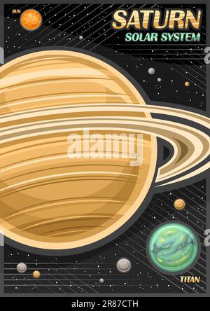 Affiche vectorielle pour Saturne, bannière verticale avec illustration des satellites rotatifs autour de la planète saturne sur fond noir étoilé, décoratif Illustration de Vecteur