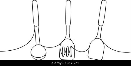 Ustensiles de cuisine une ligne de dessin continu. Spatule de cuisine, louche en continu, illustration d'une ligne. Illustration de Vecteur