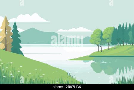 illustration en arrière-plan dans un cadre naturel paisible et idyllique. paysage tranquille avec lac calme, douces collines ondoyantes, forêt sereine Illustration de Vecteur