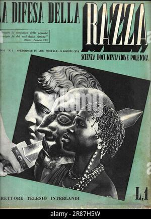 1938 , ITALIE : le journaliste italien et fasciste fanatique TELESIO INTERLANDI ( 1894 - 1965 ), directeur et fondateur du dangereux magazine raciste et antichémite LA DIFESA DELLA RAZZA ( LA DÉFENSE DE LA RACE ) de 1938 à 1943 , pubblié par Tumminelli e C., Roma . Sur la couverture du 1 5 août 1938, une photo qui symbolise le besoin raciste d'éviter les embrouillettes entre la race blanche occidentale, les sémites juifs et les Africains noirs . ANTISEMITISMO - ANTISEMISM - SHOAH - OLOCAUSTO - RAZZISTA - RACISTE - EBREWS - JUIF - EBREI - EBREO - NAZI - NAZISME - NAZISTA - NAZISMO - FASCISMO - Banque D'Images