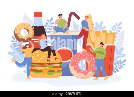 Les gens et les fast-food, les hamburgers et les frites, les boissons gazeuses froides. Les personnages gras boivent et mangent de délicieux repas fastfood, délicieux beignets sucrés. Minuscule happ Illustration de Vecteur