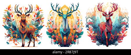 Cerf fantaisie debout sur le fond de fleurs colorées, ensemble d'illustrations vectorielles isolées. Illustration de Vecteur