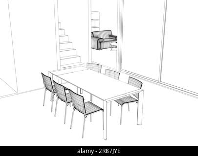 Wireframe salle à manger maison intérieur graphique noir blanc esquisse illustration vecteur. Table à manger et chaises en style dessin d'art filaire. St. Classique Illustration de Vecteur