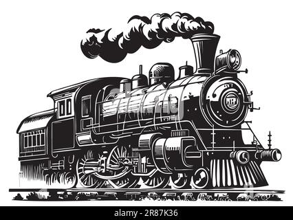 Ancien dessin de locomotive à vapeur vintage dessiné à la main dans l'illustration de style Doodle Illustration de Vecteur