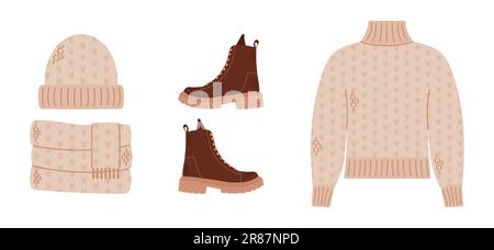 Début de la chute. Élément d'automne confortable. Chandail, chapeau, bottes et écharpe sur fond blanc. Vêtements chauds d'automne. Illustration Vector. Illustration de Vecteur