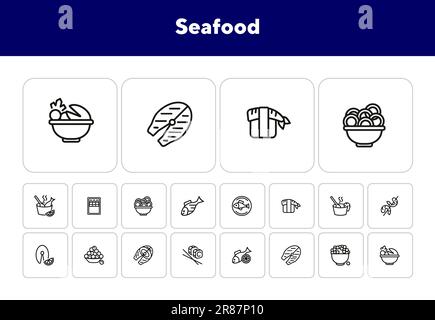 Ensemble d'icônes de la ligne de fruits de mer. Steak de saumon, caviar Illustration de Vecteur