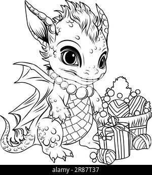 Symbole de 2024 dragon année.coloriage page de bébé dragon mignon avec des cadeaux et guirlande Illustration de Vecteur