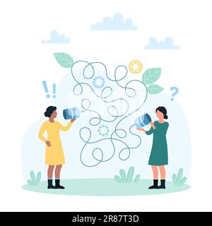 Illustration de vecteur de communication incorrecte. Caricature les petites filles avec l'étain peuvent téléphone ont une barrière de mauvaise communication, confus femmes amis écoutant le téléphone sur la corde de réseau emmêlée et malentendu Illustration de Vecteur