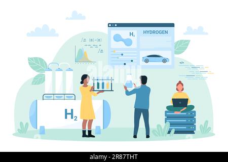 Production d'hydrogène vert et illustration du vecteur de recherche. Caricature de personnes minuscules tenant des tubes à essai pour étudier comment fabriquer H2 combustibles et énergies renouvelables, les personnages scientifiques travaillent en laboratoire chimique Illustration de Vecteur