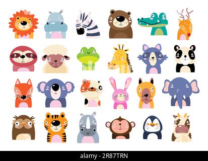 Ensemble d'animaux sauvages . Visage stupide . Illustration vectorielle . Illustration de Vecteur