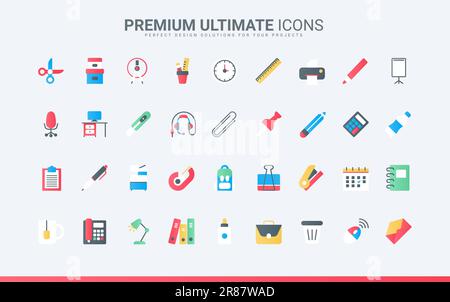 Marqueur et crayon dans le support et la boîte, document papier sur tableau à lèvres ou presse-papiers, ciseaux. Fournitures de bureau et d'école, papeterie et équipement tendance f Illustration de Vecteur