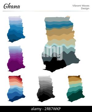 Ensemble de cartes vectorielles du Ghana. Motif vagues vibrantes. Carte lumineuse du pays dans le style géométrique des courbes lisses. Carte du Ghana multicolore pour votre conception. Tre Illustration de Vecteur