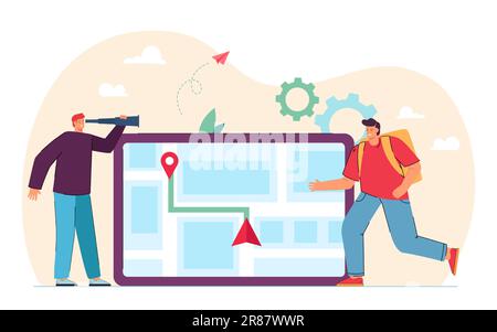 Homme regardant un coursier avec une tablette montrant son emplacement Illustration de Vecteur