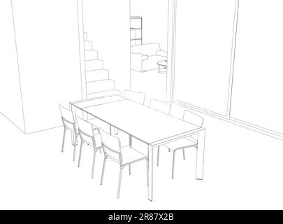 Outline salle à manger maison intérieur graphique noir blanc esquisse illustration vecteur. Table à manger et chaises en style dessin d'art de contour. Style classique Illustration de Vecteur