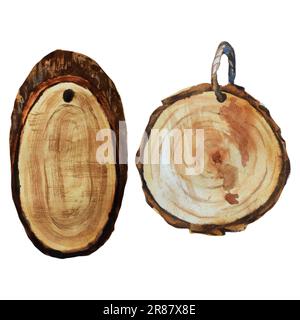 Rondelles de bois aquarelle Clipart set, tranche de bois en forme de cercle avec place pour le texte, peint à la main collection réaliste Banque D'Images