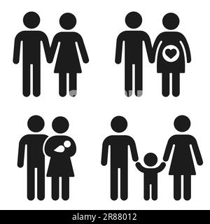 Ensemble d'icônes grossesse, accouchement et parentalité en couple. Homme et femme avec bébé et tout-petit. Icônes de figures de personnes simples, symboles vectoriels. Illustration de Vecteur