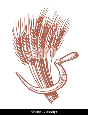 Sheaf de blé et faucille. Cuisson et cuisson de la farine, ingrédients alimentaires. Agriculture, concept agricole. Illustration vectorielle Illustration de Vecteur