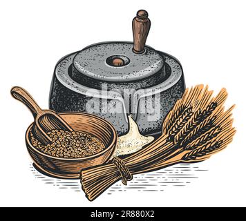 Sac à grain et pierre à affûter, blé. Concept de production de farine. Illustration vectorielle Illustration de Vecteur