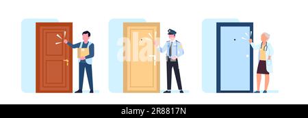 Des gens qui frappent à la porte. Policier et médecin debout devant l'entrée de la maison. Livraison par coursier du colis. Les clients sonnent la sonnette. Services de police Illustration de Vecteur
