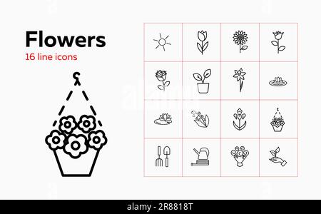 Ensemble d'icônes de ligne de fleurs Illustration de Vecteur