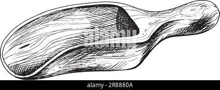 Pelle en bois pour produits en vrac, allongée, profonde. Illustration graphique, dessinée à la main en noir et blanc. Vecteur EPS. Objet isolé sur un blanc Illustration de Vecteur