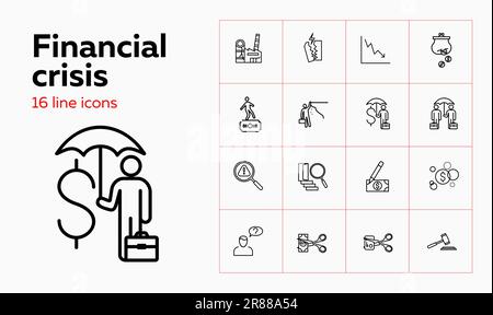 Ensemble d'icônes de ligne de crise financière Illustration de Vecteur