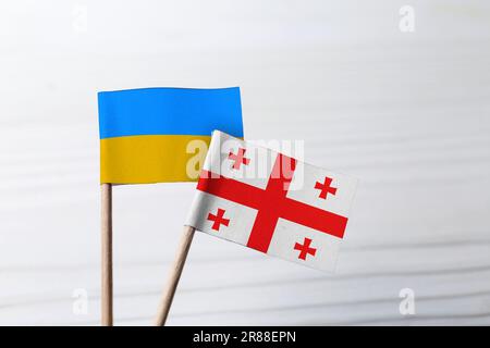 Drapeaux nationaux de l'Ukraine et de la Géorgie sur fond blanc flou Banque D'Images