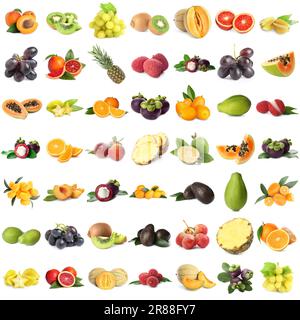 Collage de différents fruits frais sur fond blanc Banque D'Images