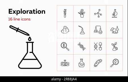 Icônes d'exploration. Ensemble d'icônes de ligne sur fond blanc. Expérience scientifique, molécule, bactérie. Concept de biotechnologie. Vector peut être utilisé pour Illustration de Vecteur