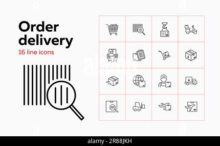 Ensemble d'icônes de ligne de livraison de commande. Code-barres, chargement Illustration de Vecteur