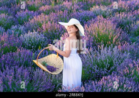 jeune fille souriante avec lavande dans le champ. Jeune fille avec fleur de lavande debout dans le champ. jeune fille avec lavande tenant un bouquet de fleurs. Adolescent Banque D'Images