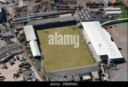 Vue aérienne de l'ancien stade de football Millmoor de Rotherham United, désormais fermé. Yorkshire du Sud Banque D'Images