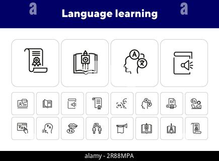 Jeu d'icônes de ligne d'apprentissage de la langue Illustration de Vecteur