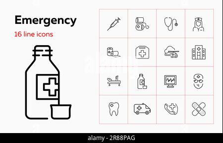 Icône de ligne d'urgence définie. Seringue, hélicoptère, ambulance. Concept de médecine. Peut être utilisé pour des sujets comme l'accident, les premiers soins, l'aide médicale Illustration de Vecteur