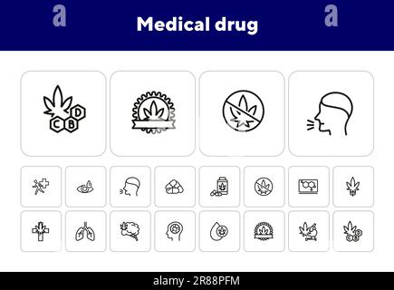 Jeu d'icônes de ligne de médicaments médicaux. Cannabis, pilules Illustration de Vecteur