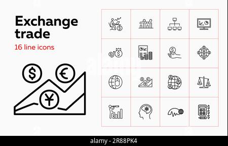 Ensemble d'icônes de ligne d'échange. Courtier, analyse, devise, globe. Concept financier. Peut être utilisé pour des sujets tels que les affaires mondiales, le forex, l'investissement Illustration de Vecteur