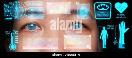 Gros plan sur une technologie de lentilles de contact intelligentes capable de corriger la vision, d'afficher des informations et de surveiller l'état de santé des porteurs en temps réel. Banque D'Images