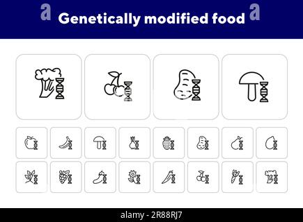 Ensemble d'icônes de la gamme de produits alimentaires génétiquement modifiés. Fraise, pomme de terre Illustration de Vecteur