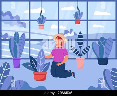 Femme assise sur le sol et prenant soin des plantes en serre Illustration de Vecteur