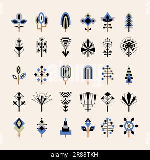 Plantes géométriques. Arbres buissons feuilles fleurs différentes formes vecteur récent plantes stylisées Illustration de Vecteur