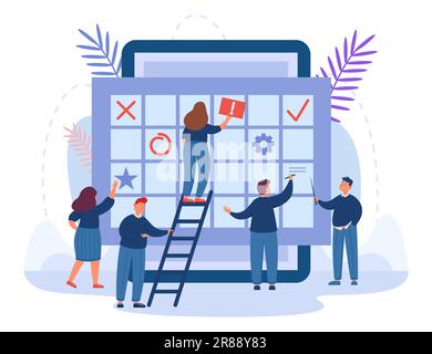 Des personnes minuscules utilisant l'application de calendrier de rendez-vous pour planifier des événements Illustration de Vecteur