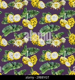 Daek violet jaune pitaya dragon fruits tranches dans les feuilles tropicales aquarelle motif sans couture sur fond violet Banque D'Images