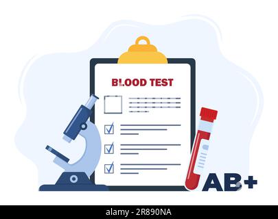 Analyse pour déterminer le groupe sanguin. Concept d'analyse de sang médical. Sang du patient dans les tubes à essai, le microscope, la liste de contrôle d'examen. Illustration vectorielle Illustration de Vecteur