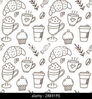 Motif de café sans couture, fond vectoriel. Icônes plates - gâteau, croisant, haricots, tasse. Texture répétée pour le menu du café, papier d'emballage d'atelier. Illustration de Vecteur