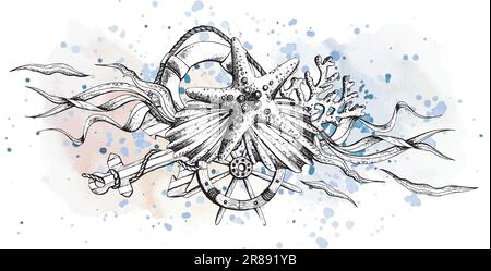 Animaux marins avec ancrage, gouvernail et bouée de sauvetage. Illustration de graphiques dessinés à la main, vecteur au format EPS. Composition isolée sur fond blanc Illustration de Vecteur