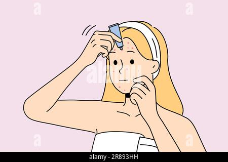 Femme en peignoir appliquer de la crème sur les boutons sur le visage. Une fille malheureuse traite la rougeur de la lutte avec des problèmes de visage. Soins de la peau et beauté. Illustration vectorielle. Illustration de Vecteur