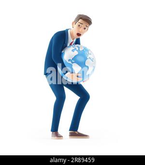 3d homme d'affaires de dessin animé soulevant la terre lourde, illustration isolée sur fond blanc Banque D'Images