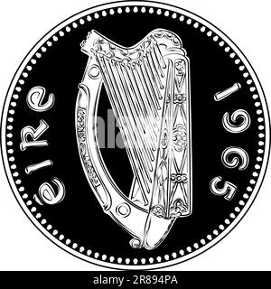 Irish Money pièce d'or pré-décimale Penny avec harpe celtique sur l'inverse. Image en noir et blanc Illustration de Vecteur